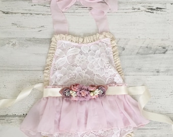 Light Pink and Ivory Boho Lace Romper Sash and Headband-Baby girls lace romper-Ivory boho 1st Birthday romper