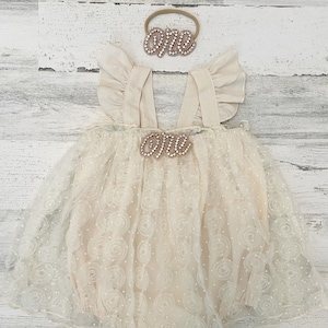 Boho 1st Birthday romper-cream Boho Lace Romper sash and Headband-Baby girls lace romper-Cake Smash outfit-Baby Girl Clothes-country baby