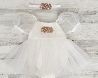 Baby girl tutu 1st birthday outfit-white tutu dress-boho cake smash outfit-baby girl gift-first birthday dress-baby dress-one dress