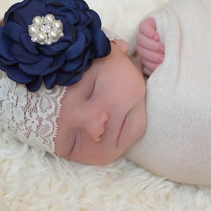 Navy Blue flower with lace headband-newborn lace headband-girl lace headband-baby lace headband-baby girl headband-lace flower headband-