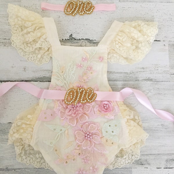 Boho 1st Birthday romper-Boho Lace Romper sash and Headband-Baby girls lace romper-Cake Smash outfit-Baby Girl Clothes-Romper with one