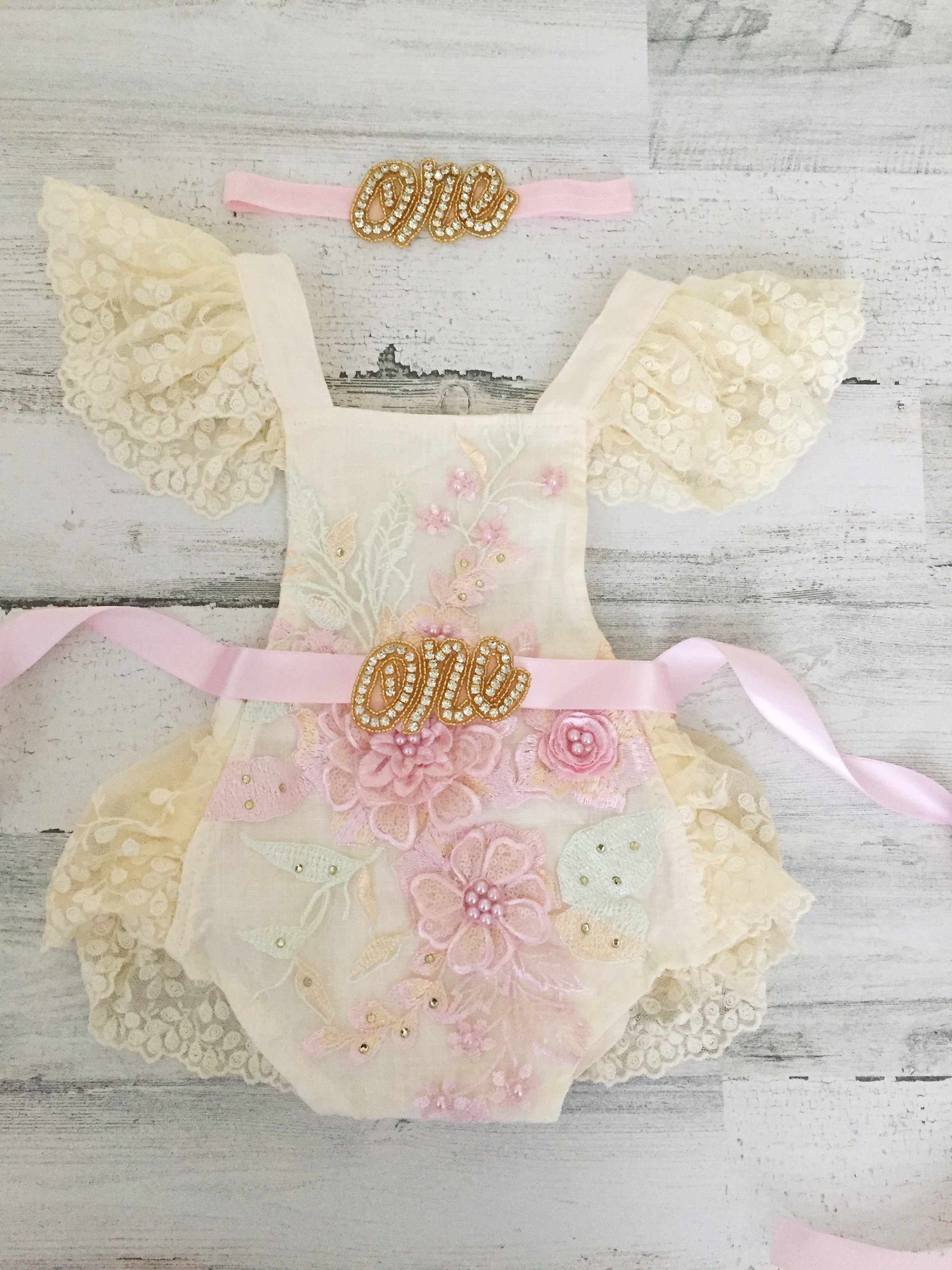 Boho 1st Birthday romper-Boho Lace Romper sash and Headband-Baby girls lace romper-Cake Smash outfit-Baby Girl Clothes-Romper with one
