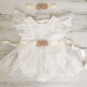 Neonata vestiti-1 ° compleanno pagliaccetto-avorio Boho pizzo pagliaccetto sash e fascia-bambine pizzo pagliaccetto-avorio-torta Smash vestito-un vestito