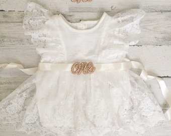 Baby Girl Clothes- 1st Birthday romper-Ivory Boho Lace Romper sash and Headband-Baby girls lace romper-Ivory-Cake Smash outfit-One Dress