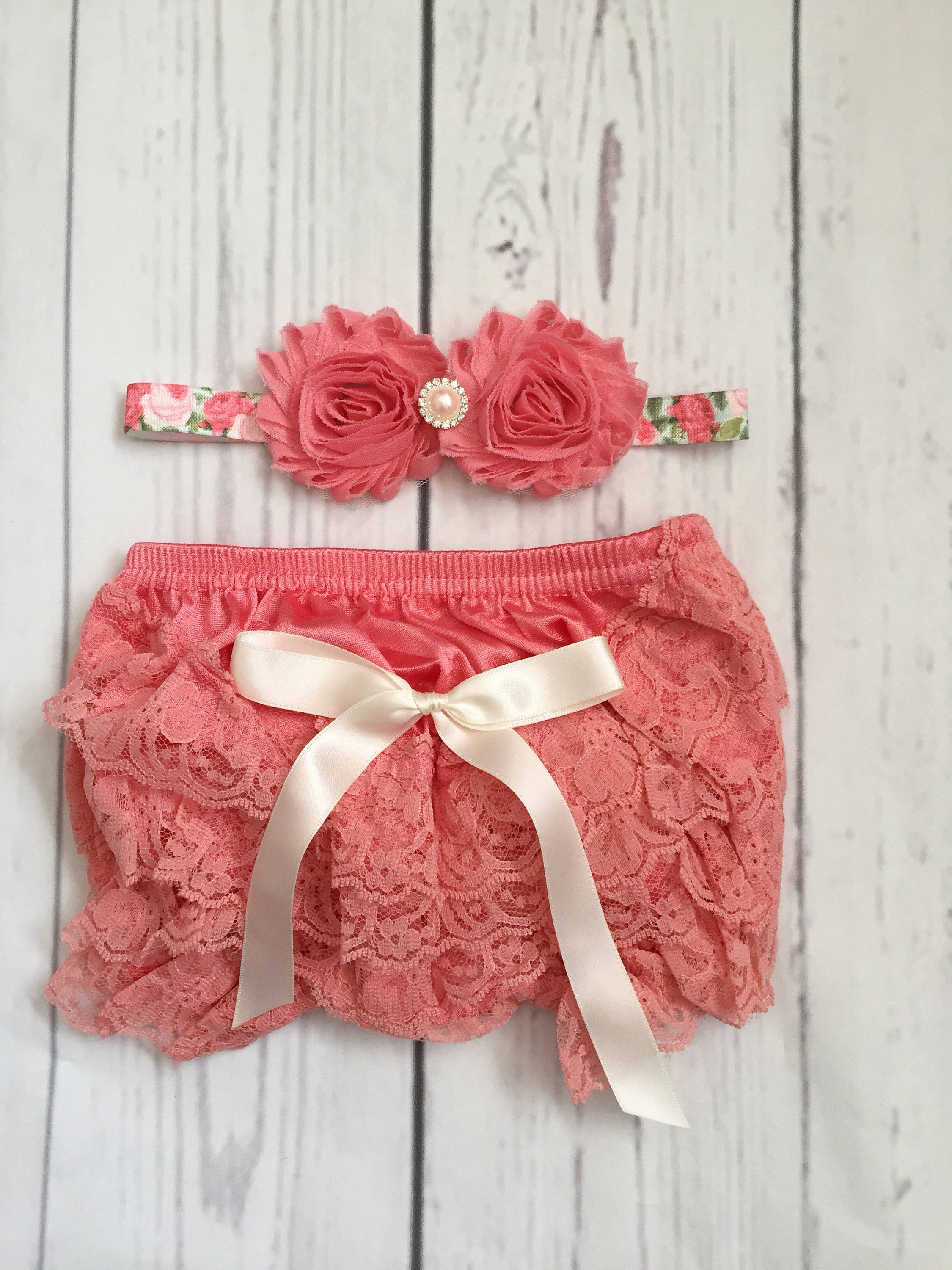 Baby Girls Lace Bloomers With Headbandcoral Baby Girl Etsy