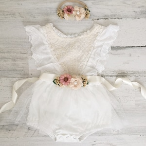 Boho 1st Birthday romper-Ivory Boho Lace Romper sash and Headband-Rustic Baby girls lace romper-Ivory-Cake Smash outfit-Baby Girl Clothes