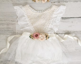 Combi-short 1er anniversaire Boho - Combishort en dentelle Boho ivoire et bandeau - Combi-short en dentelle rustique pour bébés filles - Tenue ivoire-Cake Smash - Vêtements pour bébé fille