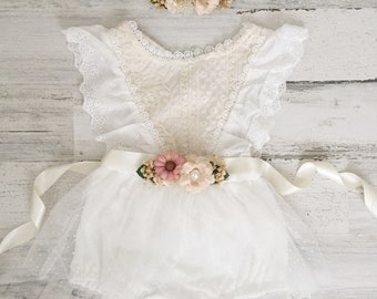 Boho 1st Birthday romper-Ivory Boho Lace Romper sash and Headband-Rustic Baby girls lace romper-Ivory-Cake Smash outfit-Baby Girl Clothes