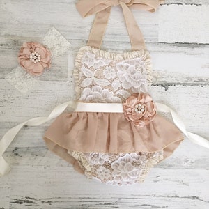 Tan Ivory Boho Lace Romper Sash and Headband-Baby girls lace romper-Ivory boho 1st Birthday romper image 2