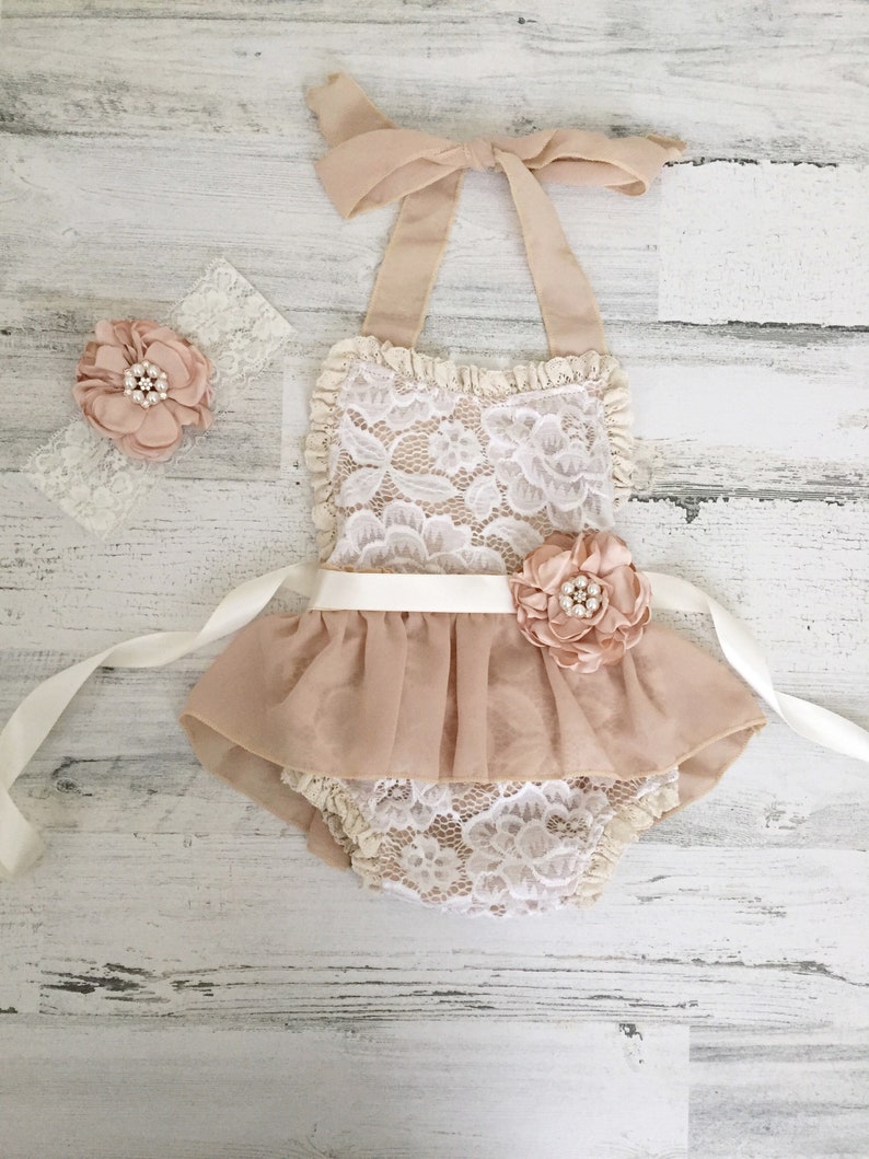 Tan Ivory Boho Lace Romper Sash and Headband-Baby girls lace romper-Ivory boho 1st Birthday romper image 2