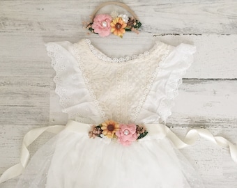 Boho Lace Baby Romper, Sash and Headband Set, Ivory First Birthday Outfit, wildflower sunflower 1st birthday dress