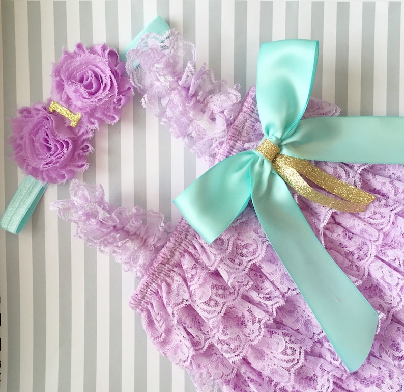 Baby Girl Lace romper-lavender aqua and gold 1st birthday outfit-purple and gold 1st birthday outfit-cake smash outfit-lavender lace romper