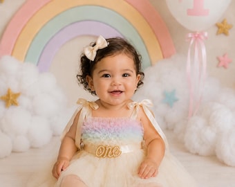 Robe de premier anniversaire arc-en-ciel pastel, tenue de 1er anniversaire, robe de bébé fille en tulle