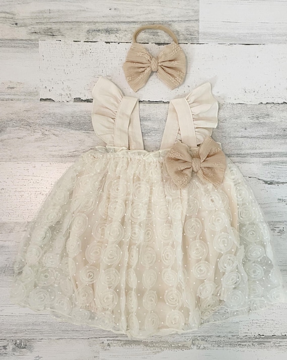 Baby Girl Rustic Ivory Rosette Bubble Romper With Bow-matching Set