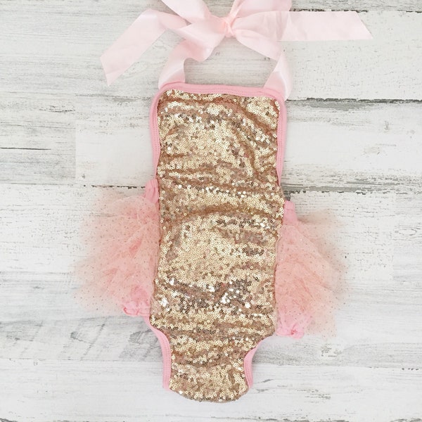 Baby girls rose gold 1st birthday outfit-rose gold birthday-gold glitter bubble romper-cake smash outfit-baby girl clothes-rose gold romper