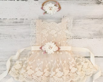 Boho baby girl cream romper-1st birthday baby girl boho outfit-rustic cream lace romper-baby chic bubble romper-country baby girl-baby gift