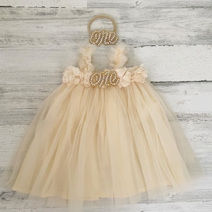 Rustic baby girl cream dress, 1st birthday cream baby girls boho outfit, boho girl outfit, rustic cream tulle flower baby girl dress