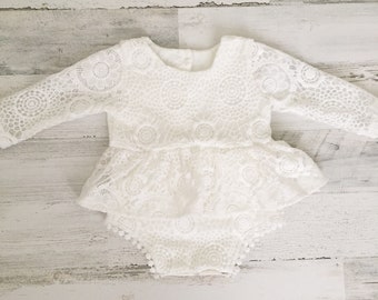 Soft white Lace baby romper-boho baby romper-baby girl clothes-long sleeve lace baby romper-long sleeve warm fall winter romper-white romper