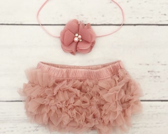 Baby bloomer and headbsbd set--Ruffle bloomers-newborn baby girl bloomers-take home outfit-diaper cover-vintage pink chiffon ruffled bloomer