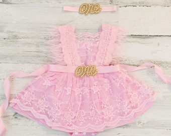 1st Birthday outfit-pink Boho Lace Romper sash and Headband-Baby girls lace romper-Cake Smash outfit-Baby Girl Clothes-Birthday dress-One