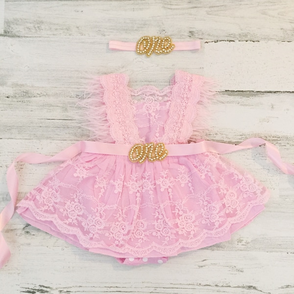 1st Birthday outfit-pink Boho Lace Romper sash and Headband-Baby girls lace romper-Cake Smash outfit-Baby Girl Clothes-Birthday dress-One