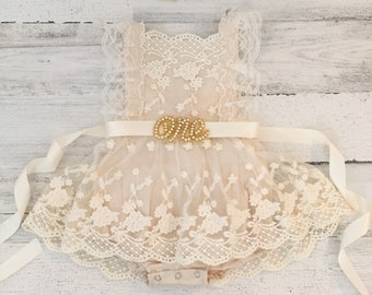 Boho 1st Birthday romper-cream Boho Lace Romper sash and Headband-Baby girls lace romper-Cake Smash outfit-Baby Girl Clothes-country baby