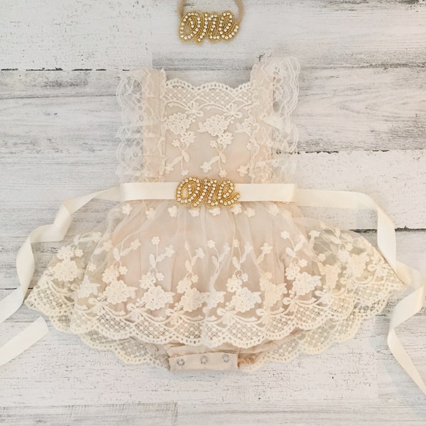 Boho 1st Birthday romper-cream Boho Lace Romper sash and Headband-Baby girls lace romper-Cake Smash outfit-Baby Girl Clothes-country baby