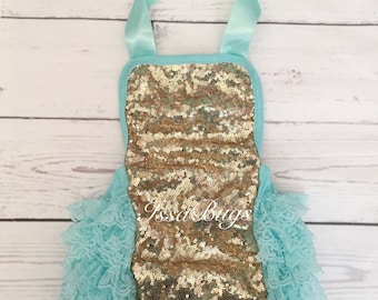 Mono de encaje aguamarina: traje de lentejuelas doradas para el primer cumpleaños