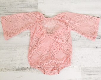 Lace baby romper- boho baby romper-baby clothes-pink lace bodysuit for baby-lace leotard-bell sleeve baby romper-boho baby birthday outfit
