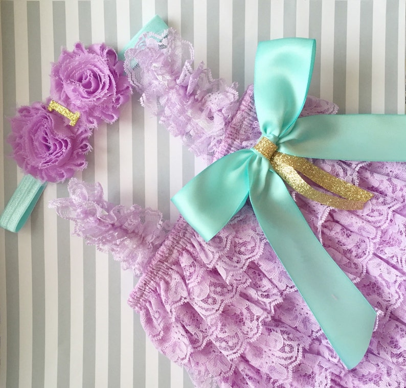 Baby Girl Lace romper-lavender aqua and gold 1st birthday outfit-purple and gold 1st birthday outfit-cake smash outfit-lavender lace romper