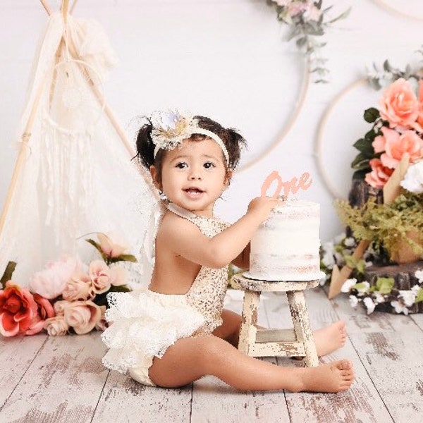 Baby girls boho romper-1st birthday outfit-gold and ivory boho birthday-glitter crown headband-gold glitter bubble romper-cake smash outfit