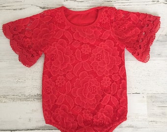 Red boho lace baby romper-baby clothes-Christmas red lace bodysuit baby-lace leotard-bell sleeve baby romper-boho baby birthday outfit