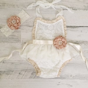 Ivory Boho Lace Romper Sash and Headband-Baby girls lace romper-Ivory boho 1st Birthday romper-Baby girl clothes