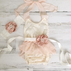 Tan Blush Boho Lace Romper Sash and Headband-Baby girls lace romper-Ivory boho 1st Birthday romper