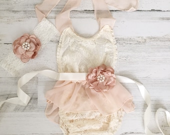 Tan Blush Boho Lace Romper Sash and Headband-Baby girls lace romper-Ivory boho 1st Birthday romper