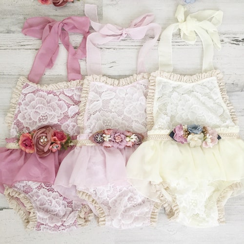 Tan Ivory Boho Lace Romper Sash and Headbandbaby Girls Lace Etsy