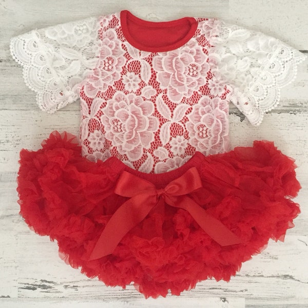 Red tutu skirt and shirt-baby girl ted tutu skirt-baby girl lace bodysuit-boho baby Valentines Day outfit-1st Birthday outfit-1st Valentines