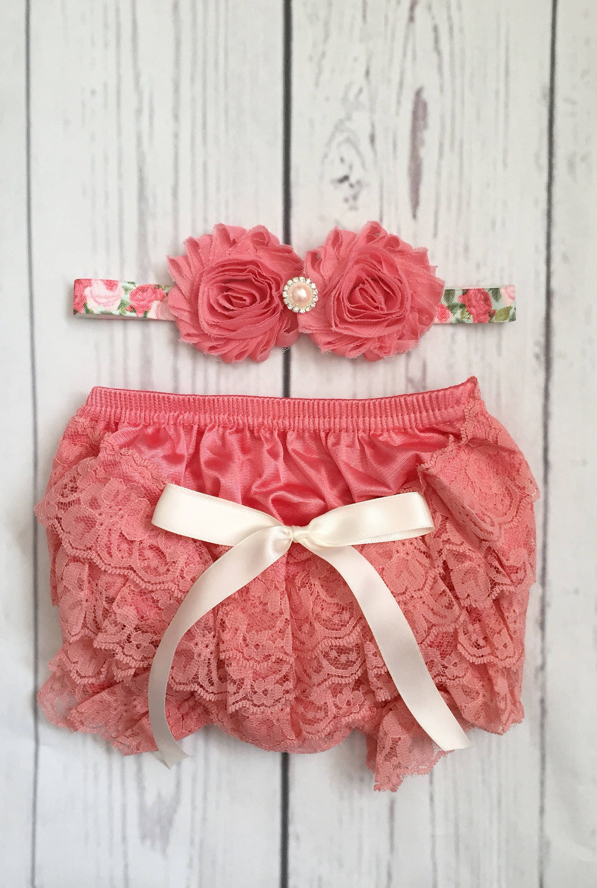Baby Girls Lace Bloomers With Headbandcoral Baby Girl Etsy