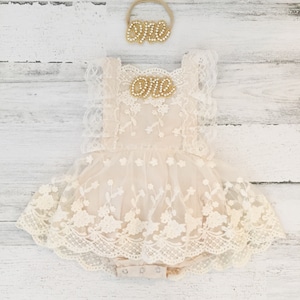 Boho 1st Birthday romper-cream Boho Lace Romper sash and Headband-Baby girls lace romper-Cake Smash outfit-Baby Girl Clothes-country baby