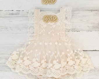 Boho 1st Birthday romper-cream Boho Lace Romper sash and Headband-Baby girls lace romper-Cake Smash outfit-Baby Girl Clothes-country baby