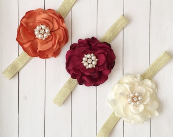 Baby girls Thanksgiving headband-Fall headband-orange ivory maroon navy girl fall headband-flower clips-Holiday headband-gold glitter flower