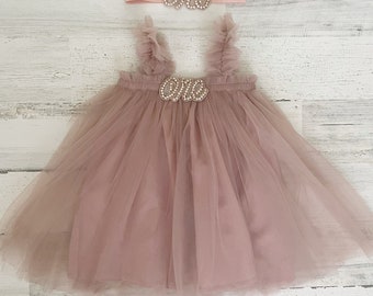 Baby girl tutu 1st birthday outfit-dusty rose tutu dress-boho cake smash outfit-baby gift-first birthday dress-baby dress-one dress