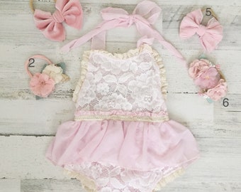 Baby girl lace boho romper with headbands-baby girl clothes-cake smash outfit-baby girl gift-First birthday one romper-lace romper for girl