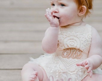 1st Birthday girl outfit-Rose Gold Ivory Boho Lace Romper sash and Headband-Baby girls lace romper-Ivory-Cake Smash outfit-Baby Girl Clothes