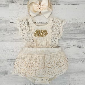 1st Birthday girl outfit-Rose Gold Ivory Boho Lace Romper sash and Headband-Baby girls lace romper-Ivory-Cake Smash outfit-Baby Girl Clothes