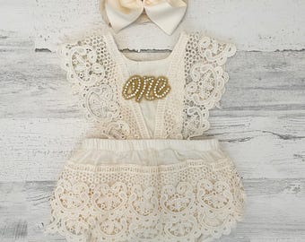 1st Birthday girl outfit-Rose Gold Ivory Boho Lace Romper sash and Headband-Baby girls lace romper-Ivory-Cake Smash outfit-Baby Girl Clothes