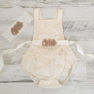 Boho 1st Birthday romper-Ivory Boho Lace Romper sash and Headband-Baby girls lace romper-Ivory-Cake Smash outfit-Baby Girl Clothes