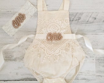 Boho 1st Birthday romper-Ivory Boho Lace Romper sash and Headband-Baby girls lace romper-Ivory-Cake Smash outfit-Baby Girl Clothes