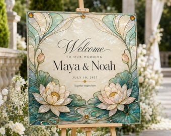 Canva Editable Wedding Welcome Sign, Blue Lotus Stained Glass Template, Instant Download