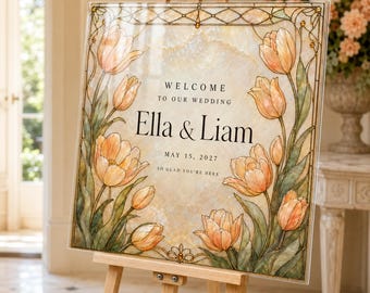 Canva Editable Wedding Welcome Sign, Art Nouveau Floral Stained Glass Template, Instant Download